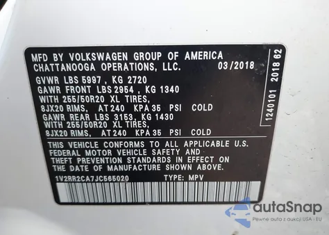 2018 Volkswagen Atlas 3.6L V6 Sel from USA, damaged, VIN 1V2RR2CA7JC565020